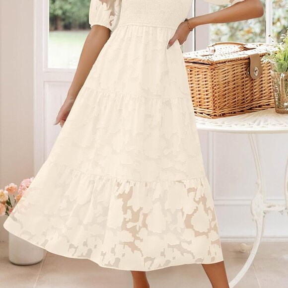 Women's 2025 Summer Short Puff Sleeve Crewneck Smocked Floral Lace Flowy A Line - Picture 2 of 7